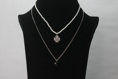Chain Necklace 2 Layers Silver Chain Choker White Beads Pearl Jewelry Necklace