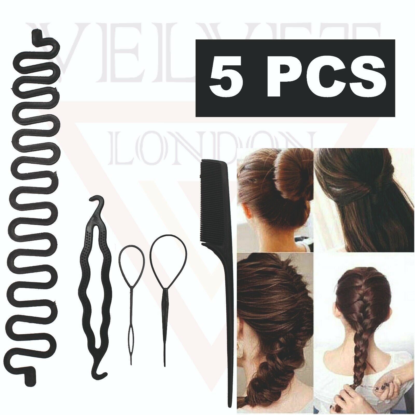 5Pcs Hair Styling Tools Topsy Tail Comb Black Hair Braiding Ponytail Bun Maker