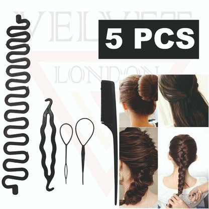 5Pcs Hair Styling Tools Topsy Tail Comb Black Hair Braiding Ponytail Bun Maker