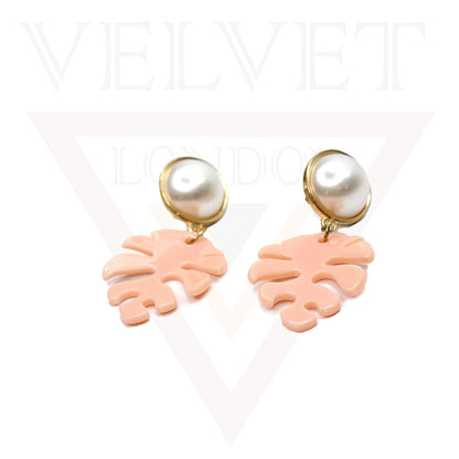 Palm Leaf Acrylic Earrings With Pearl Drop Dangle Earrings Stud Long Earrings