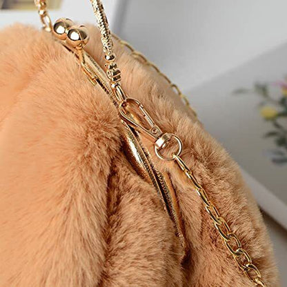 Purse Shoulder Bag Fur Rabbit Ear Long Gold Metal Chain Clutch Plush Side Bag