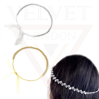 Tiara Crown Headbands Twin Small Pearl With Wire Hair Band Ribbon Party Wedding