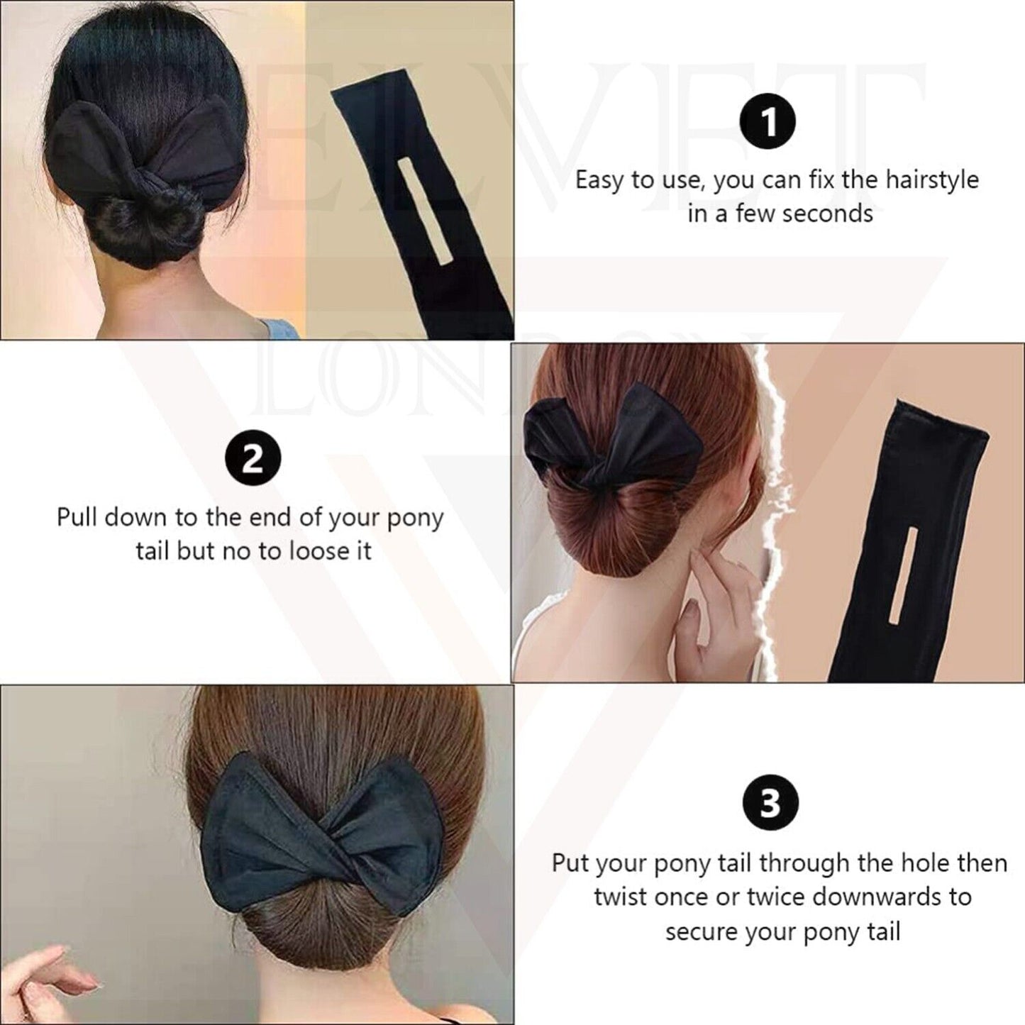 3x Hair Bun Maker Black Headband Magic French Twister Knotted Wire Bow Former