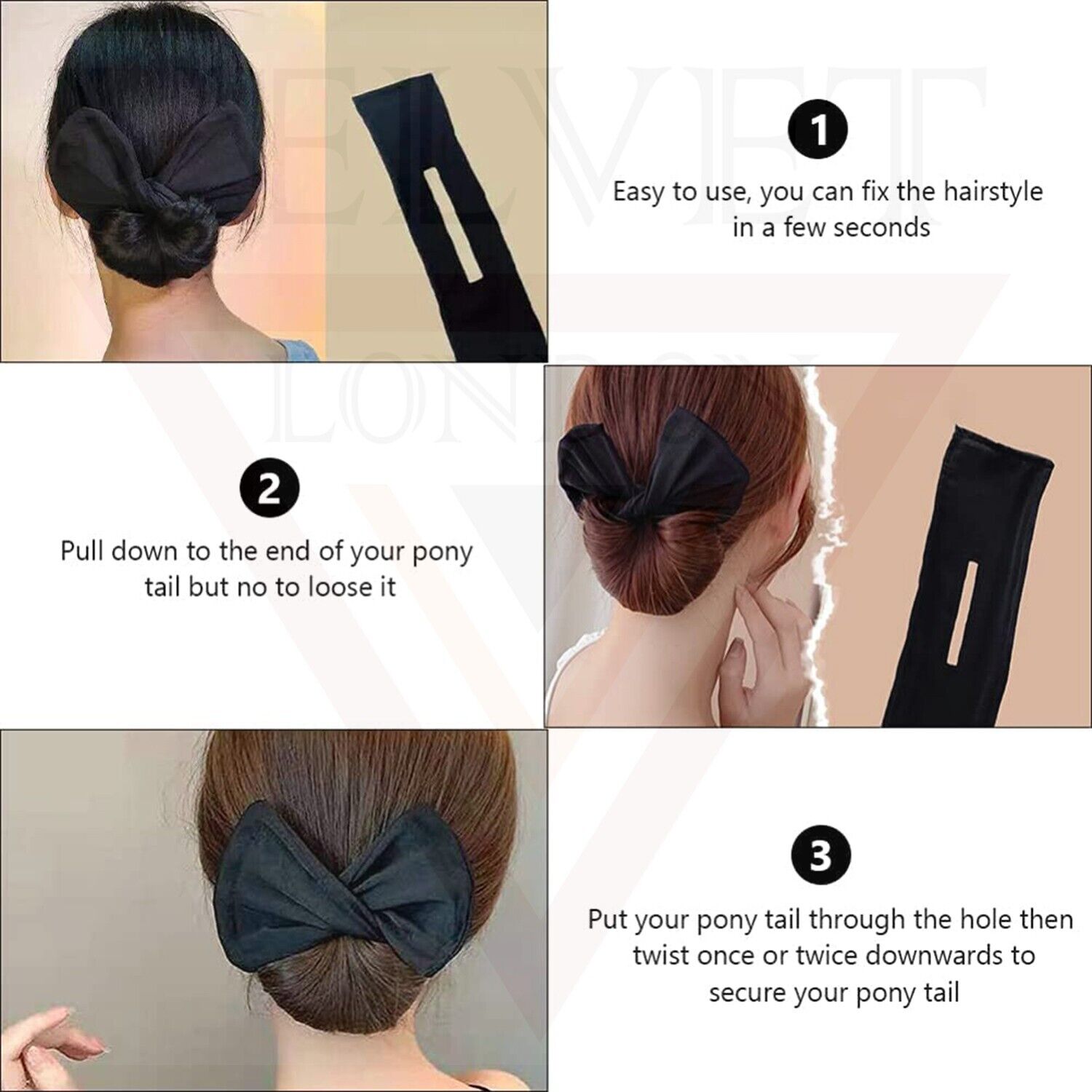3x Hair Bun Maker Black Headband Magic French Twister Knotted Wire Bow Former