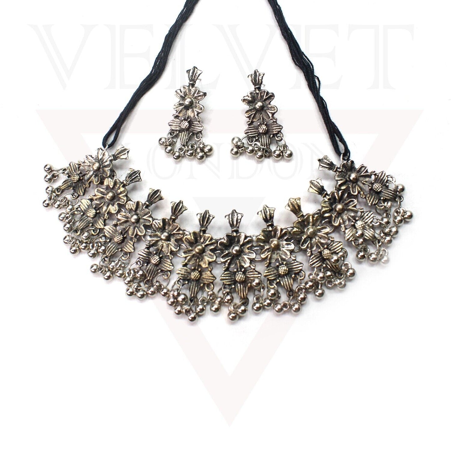 Necklace Earrings Set Flower Antique Oxidized Traditional Boho Jewellery Set