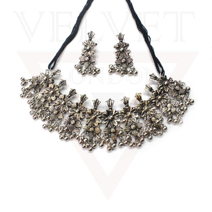 Necklace Earrings Set Flower Antique Oxidized Traditional Boho Jewellery Set