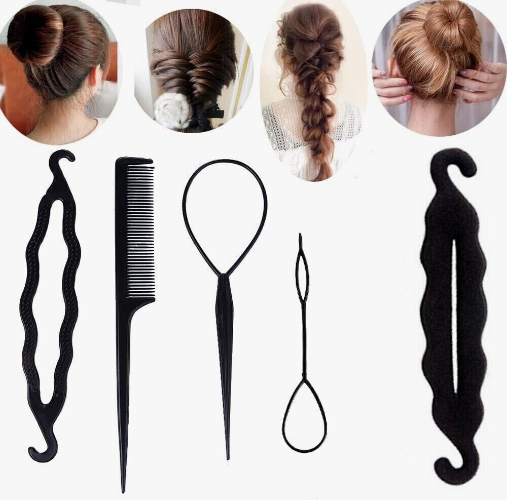 5pcs Black Bun Maker Hair Styling Tool Loop Maker Topsy Convey Bun Holder Uk