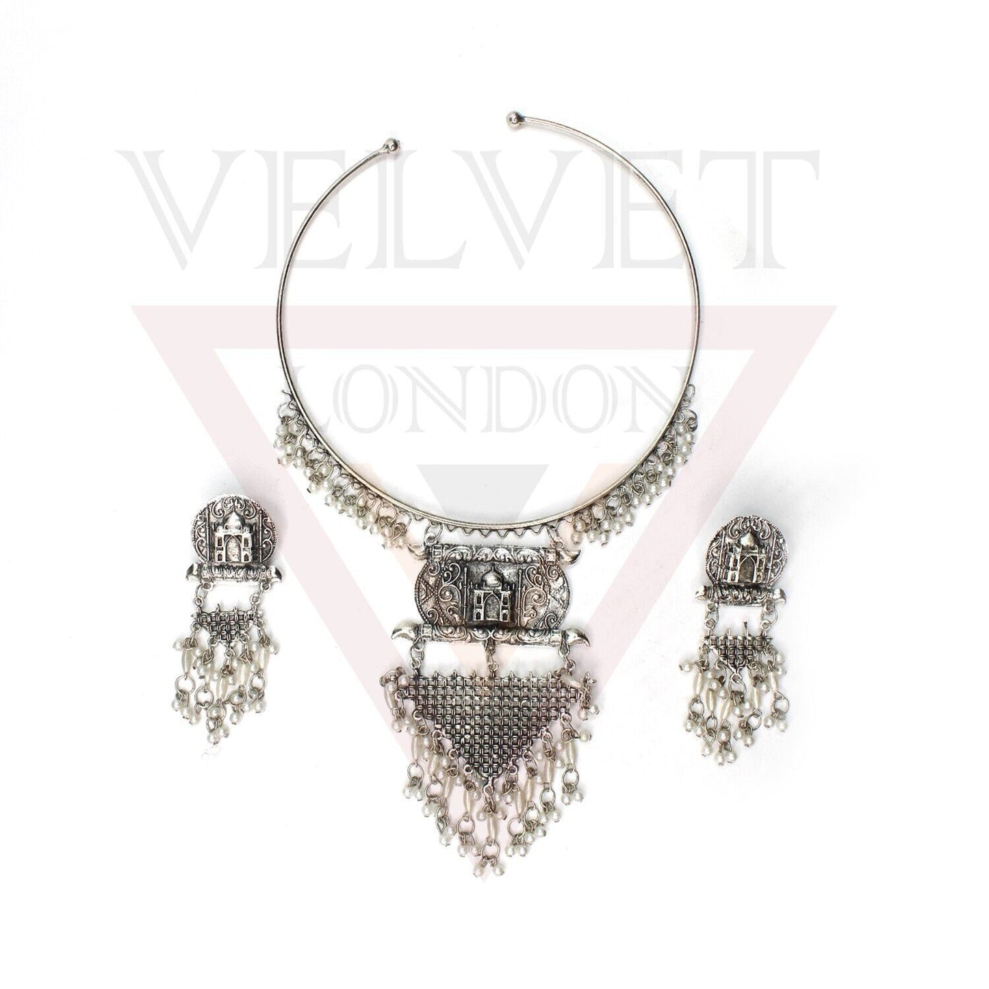 Antique Silver Oxidized Necklace Earrings Traditional Set Boho Hasli Choker