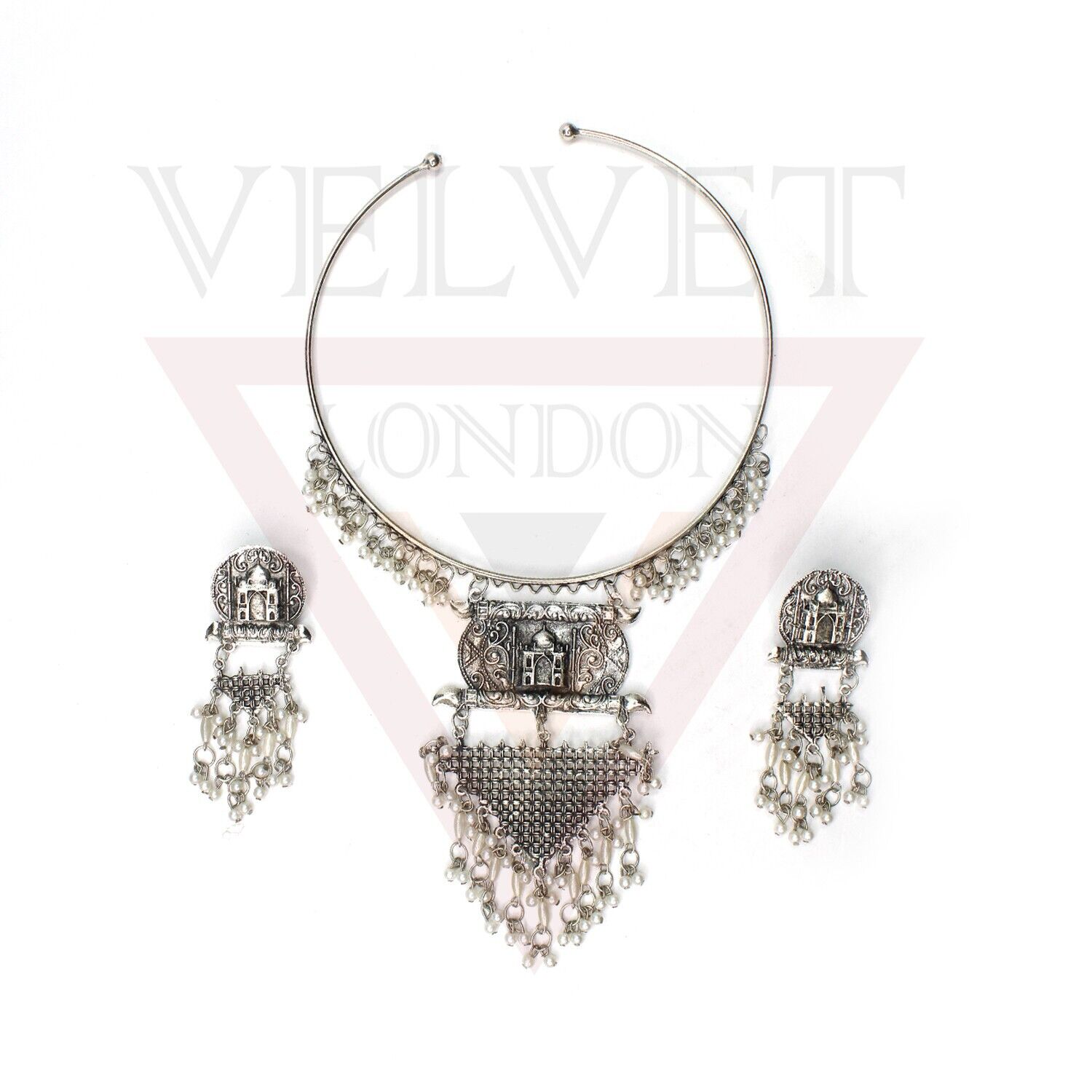 Antique Silver Oxidized Necklace Earrings Traditional Set Boho Hasli Choker