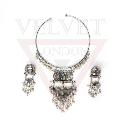 Antique Silver Oxidized Necklace Earrings Traditional Set Boho Hasli Choker