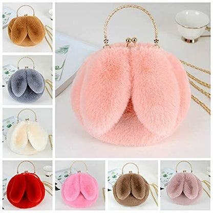 Purse Shoulder Bag Fur Rabbit Ear Long Gold Metal Chain Clutch Plush Side Bag