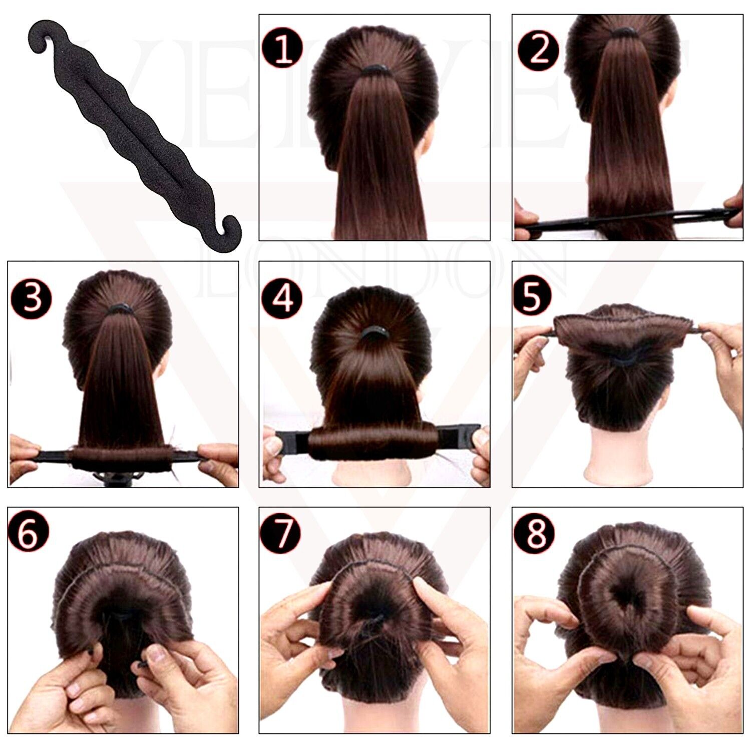 2Pcs Black Bun Maker Sponge Clip Curler Ring Twist Hair Styling Tool Donut Ring