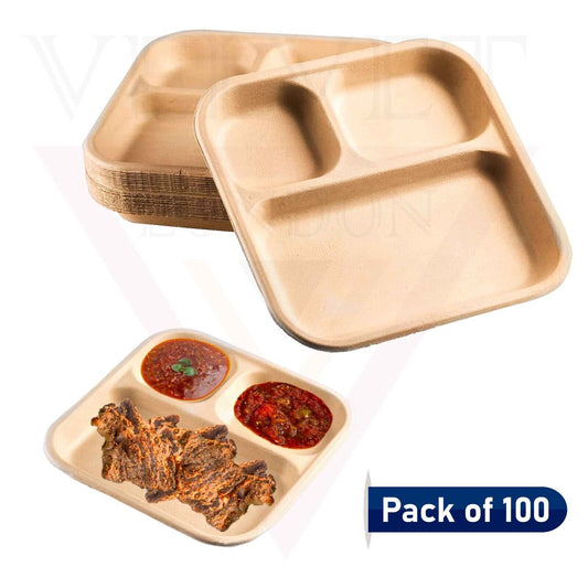 100pcs Compostable & Biodegradable 3 Compartment Plate Disposable Bagasse Plates