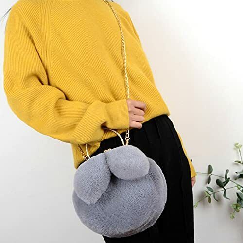 Purse Shoulder Bag Fur Rabbit Ear Long Gold Metal Chain Clutch Plush Side Bag