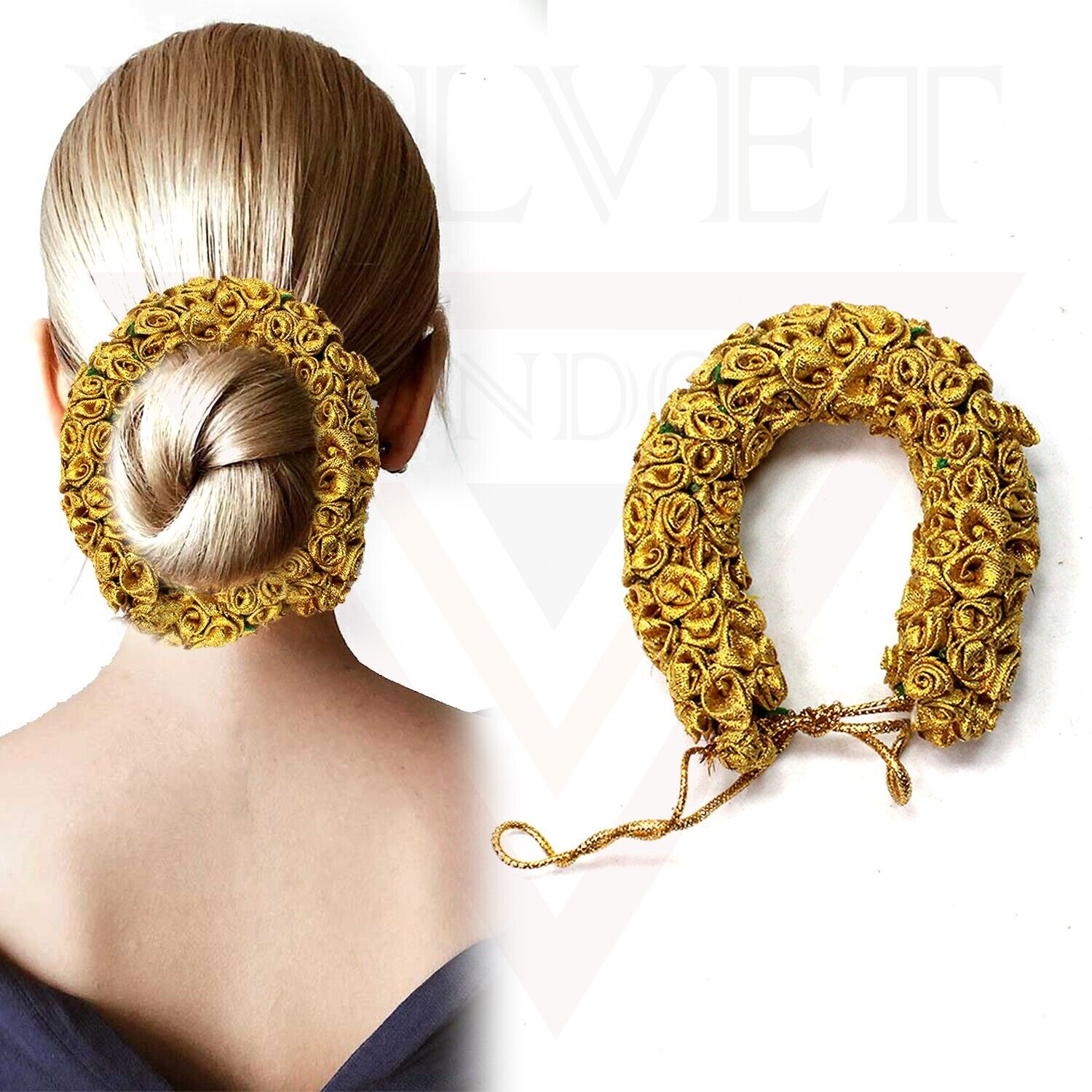 Golden Artificial Floral Hair Gajra Hair Bun Maker Juda Hair Styling Bun Wrap