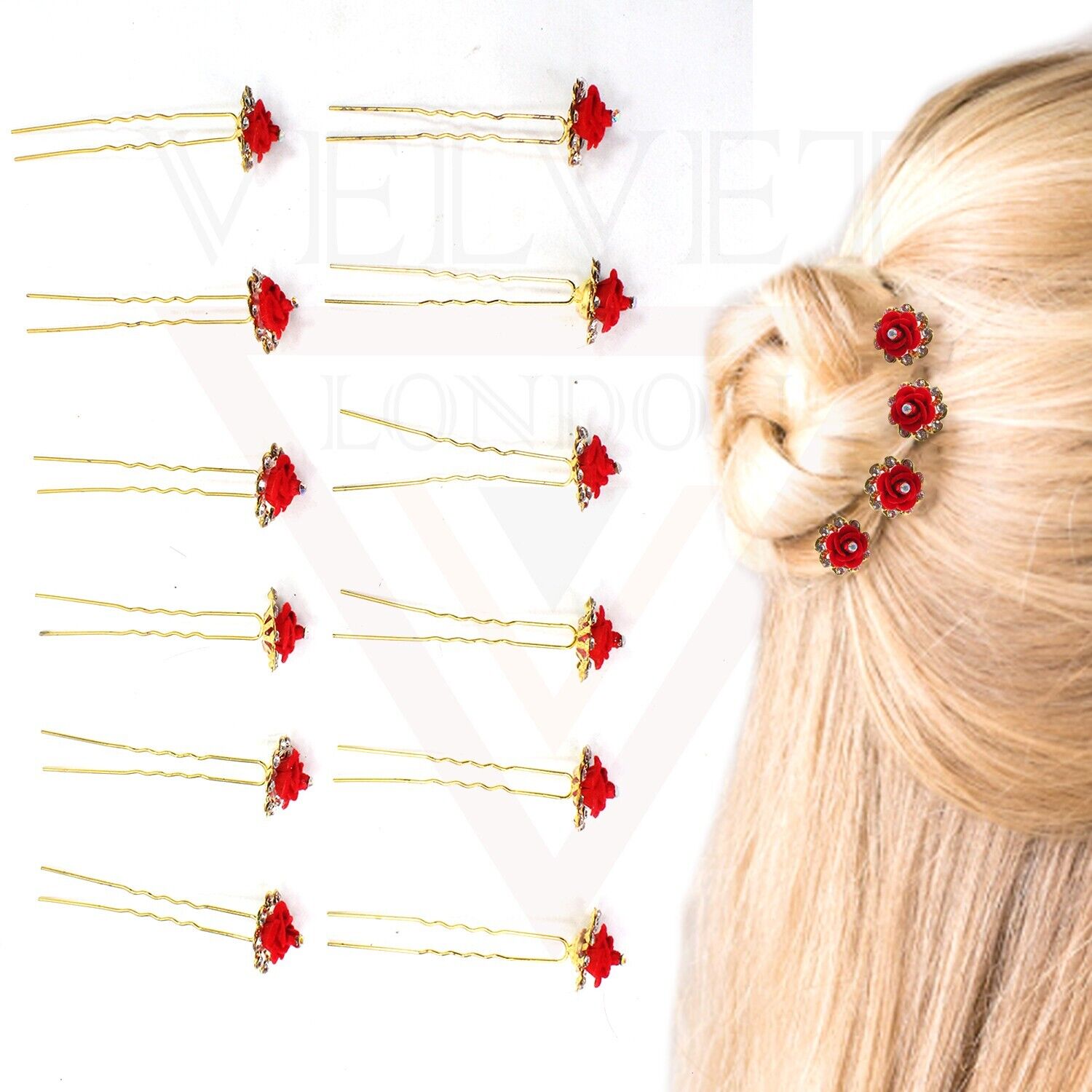 12x Hair Bridal Rhinestone & Rose Flower Hair Pins Hair Grips Hair Clips U Pins