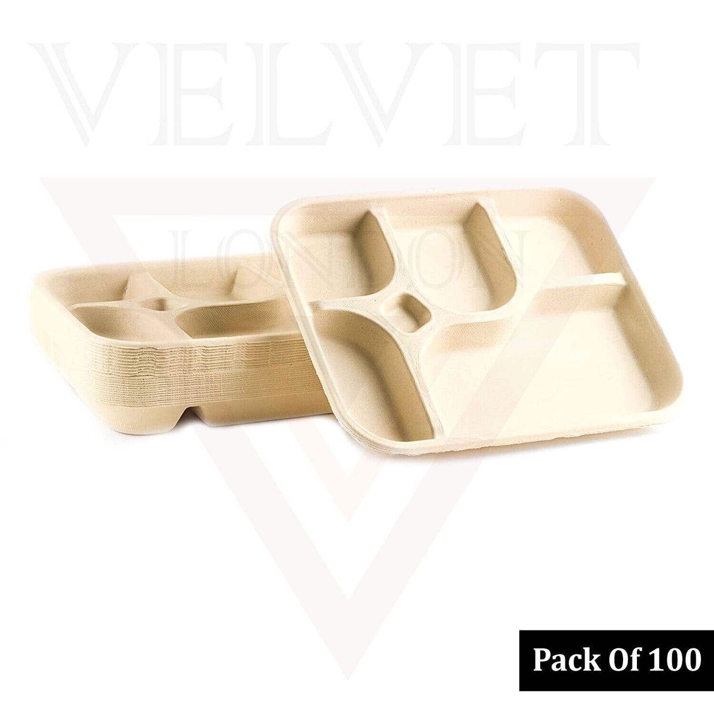 25 50 100 Sugarcane 5 Compartment Tray Bagasse Plates Biodegradable Partyware
