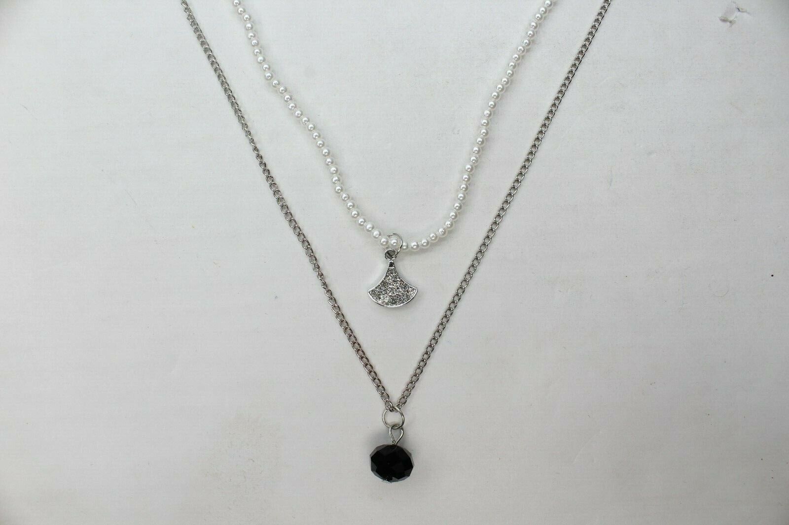 Chain Necklace 2 Layers Silver Chain Choker White Beads Pearl Jewelry Necklace