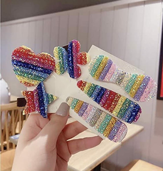 2x Hair Clips Heart Star Queen Shape Rainbow Children Glitter Hairpin Baby Girls