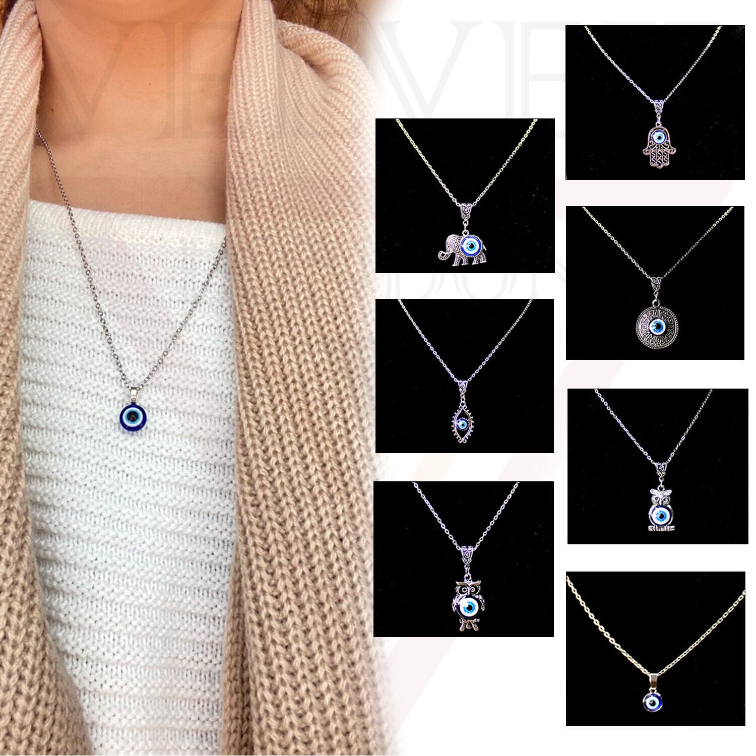 Fashion Silver Evil Eye Charm Pendant Chains Necklace Stylish Oxidised Beachwear