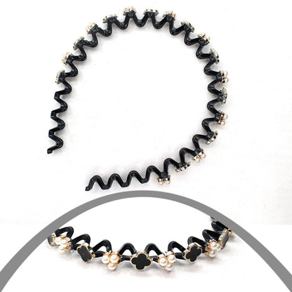 3x Wave Headbands Unbreakable Non-Slip Hair Band Pearl Rhinestone Hair Hoop