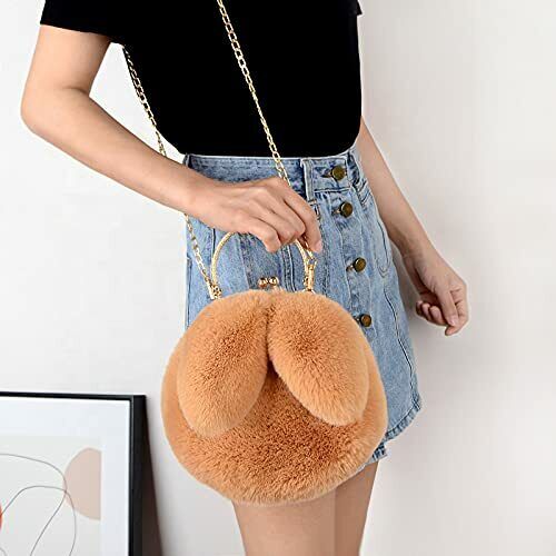 Purse Shoulder Bag Fur Rabbit Ear Long Gold Metal Chain Clutch Plush Side Bag