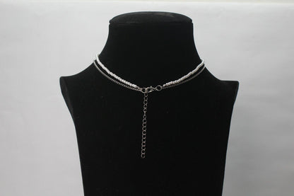 Chain Necklace 2 Layers Silver Chain Choker White Beads Pearl Jewelry Necklace