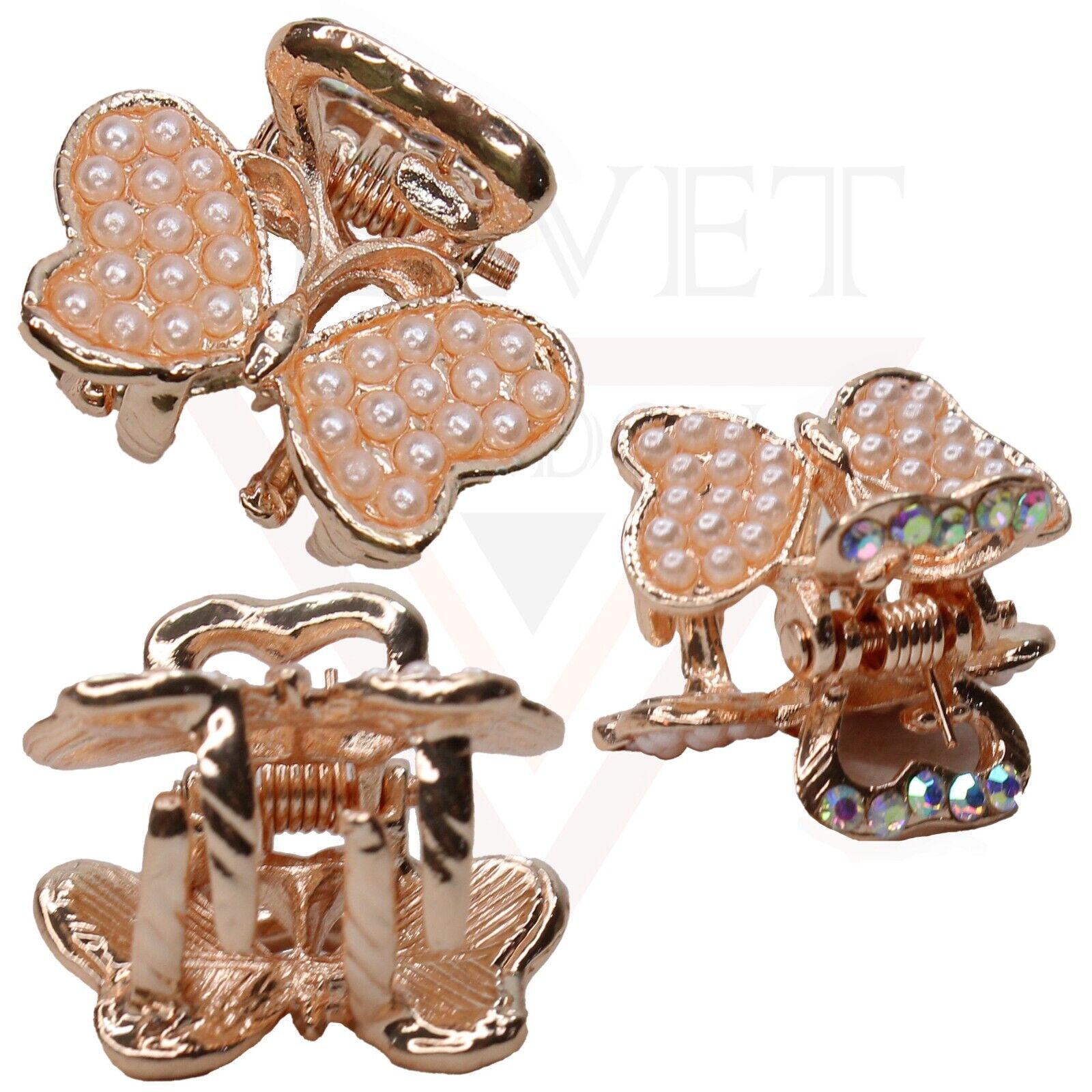 3x Tiny Hair Claw Assorted Design Rose Gold Diamond Pearl Hair Clips Pins Grips
