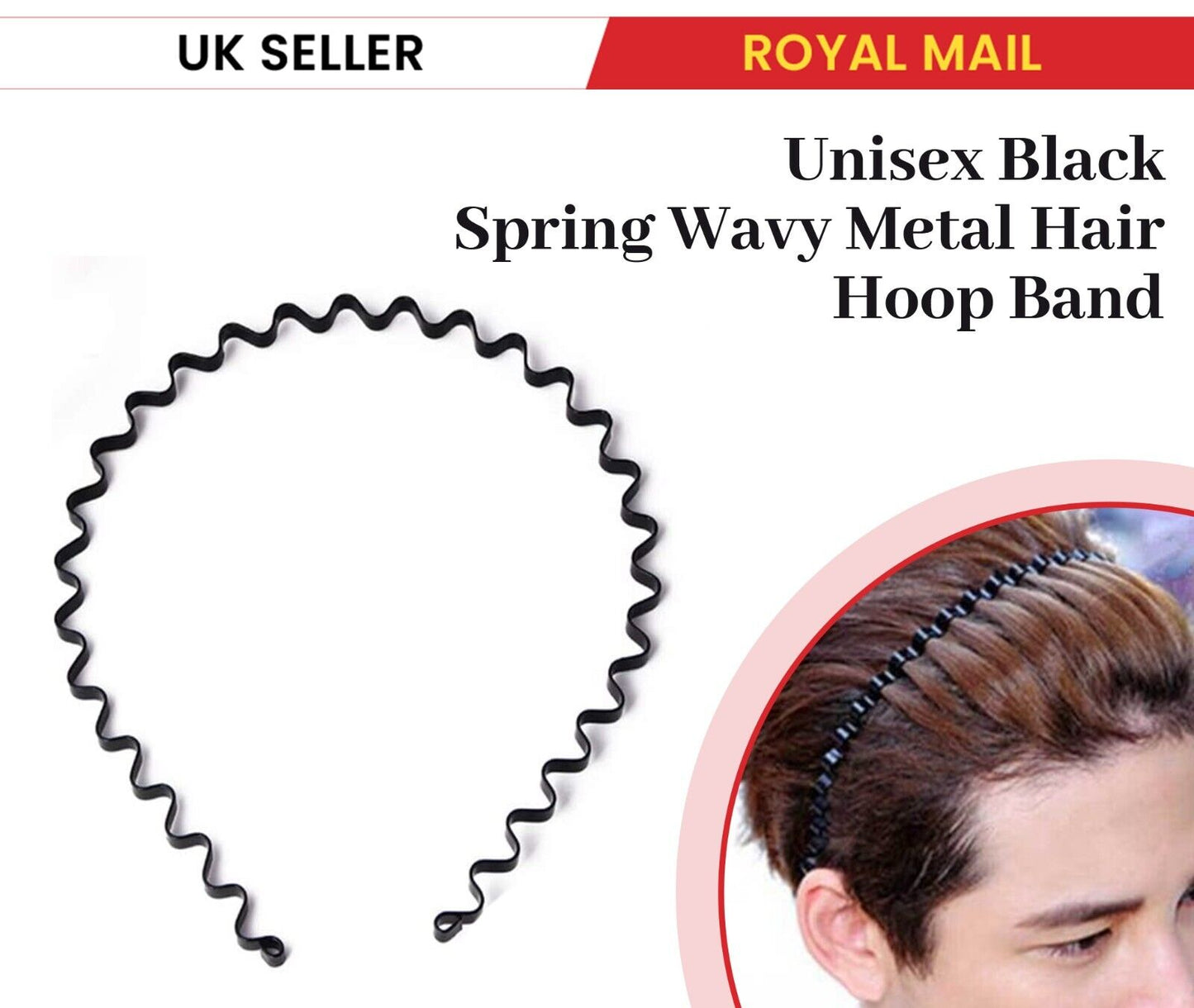 3 Black Wavy Metal Hair Band Spring Hair Hoop Unisex Black Headband Flexible UK
