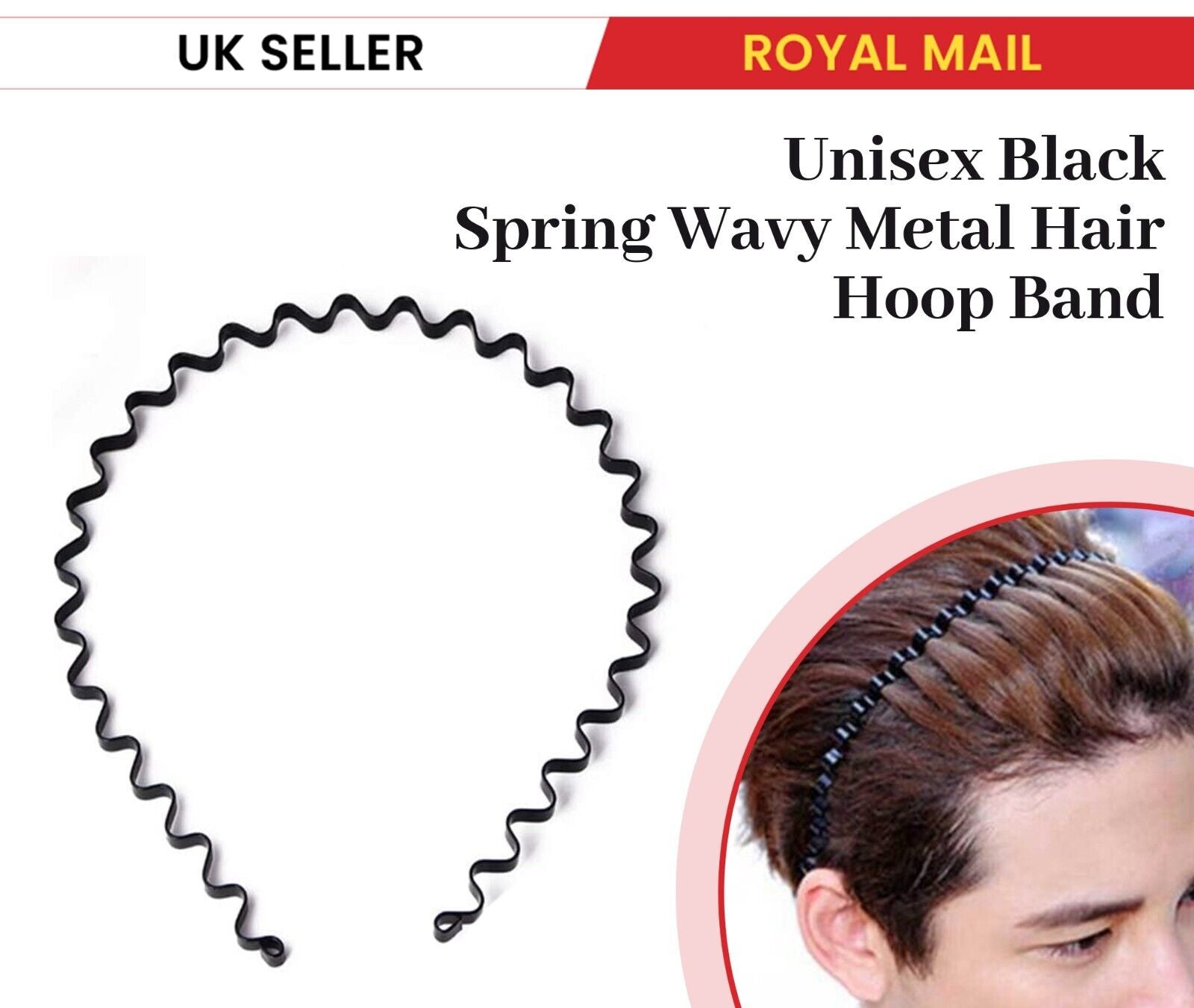 3 Black Wavy Metal Hair Band Spring Hair Hoop Unisex Black Headband Flexible UK