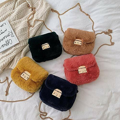 Clutch Purse Handbag Soft Faux Fur Crossbody Long Golden Chain Shoulder Bag