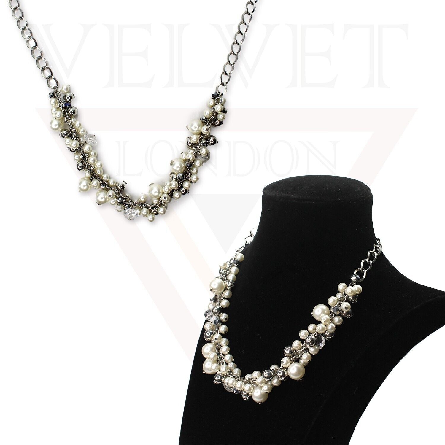 Beads Necklace Silver Chins Diamond With White Pearl Choker Partywear Jewellery