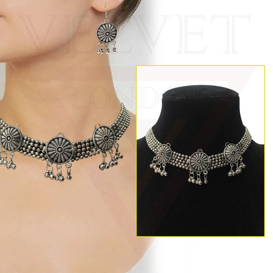 Oxidized Necklace Earrings Antique Traditional Choker Jewellery Set for Girls