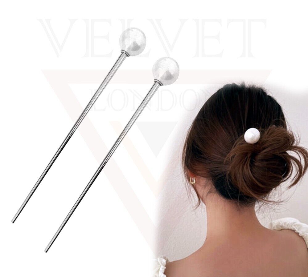 2x Pearl Chopstick Bun Holder Stick Hairpin Headwear Chinese Metal Hair Stick