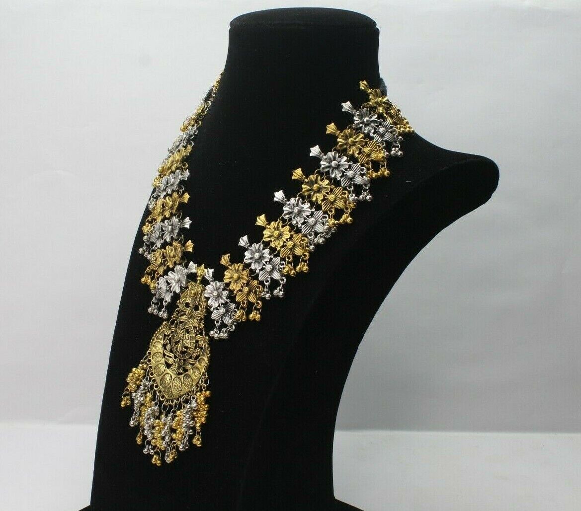 Long Necklace Earrings Golden Silver Antique Oxidized Ethenic Jewellery Set