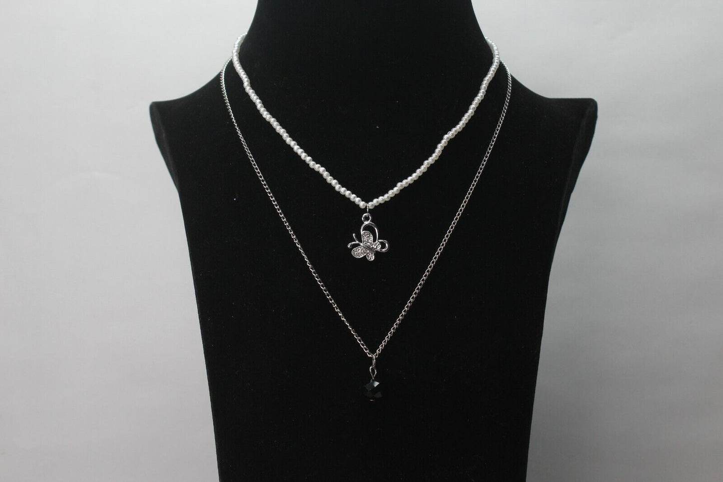 Chain Necklace 2 Layers Silver Chain Choker White Beads Pearl Jewelry Necklace