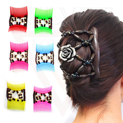 Wooden Beads Magic Hair Combs Clips Elastic Stretchy Double Hair Styling Clips