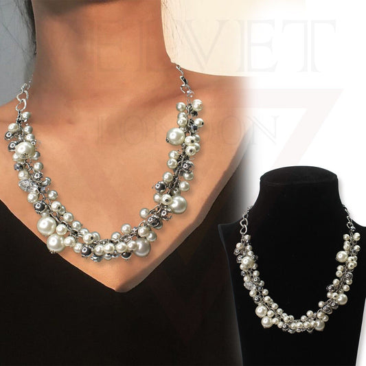 Beads Necklace Silver Chins Diamond With White Pearl Choker Partywear Jewellery