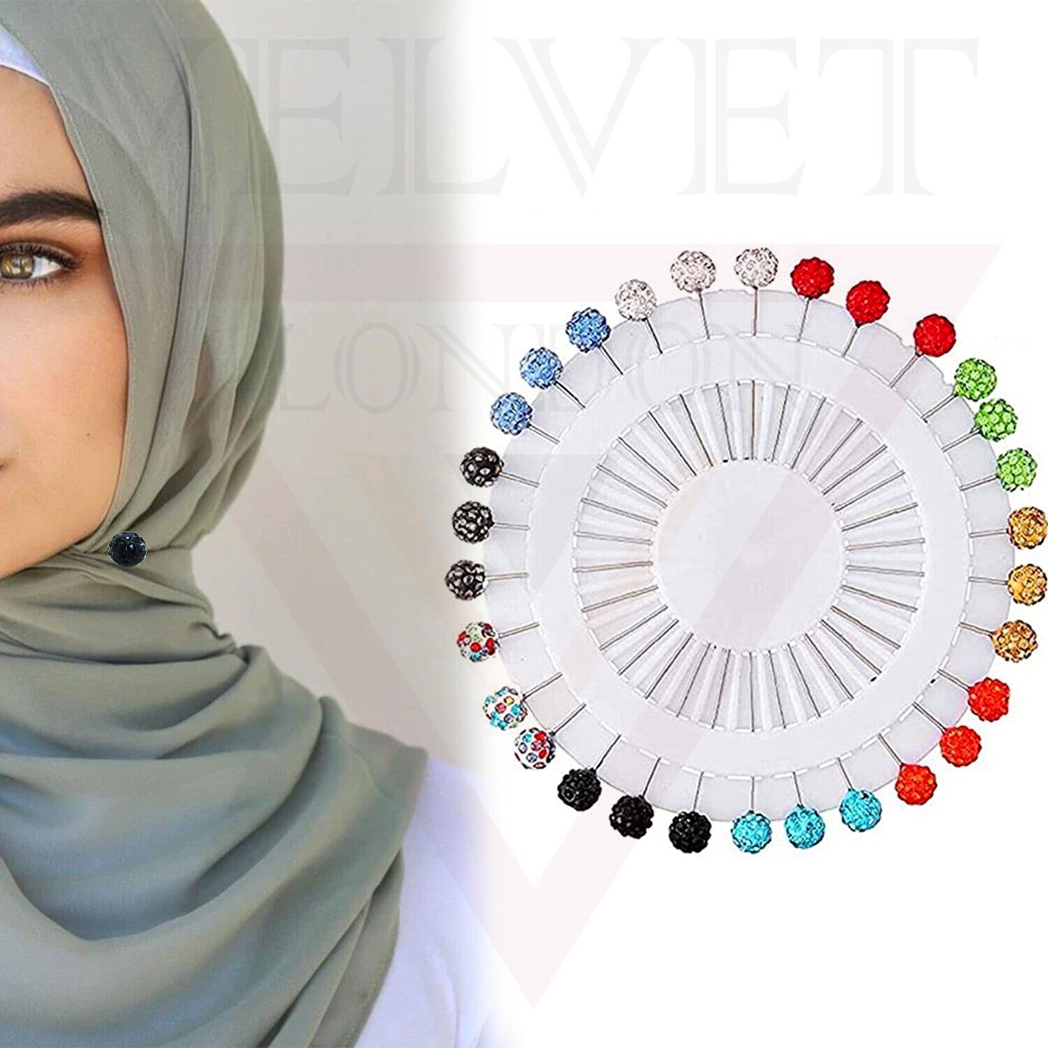 12x Hijab Pins Muslim Brooch Pin Safety Scarf Pin Colourful Crystal Bal Stick UK