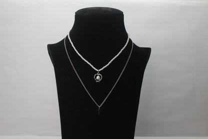 Chain Necklace 2 Layers Silver Chain Choker White Beads Pearl Jewelry Necklace