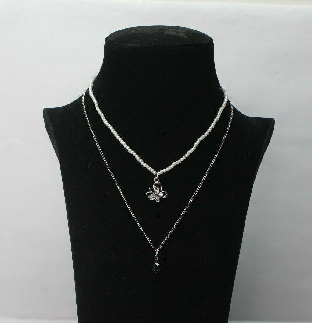 Chain Necklace 2 Layers Silver Chain Choker White Beads Pearl Jewelry Necklace