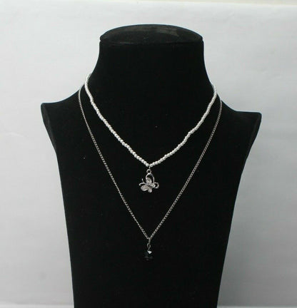 Chain Necklace 2 Layers Silver Chain Choker White Beads Pearl Jewelry Necklace
