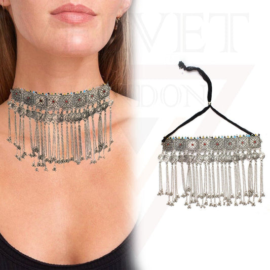 Antique Silver Oxidized Necklace Tassel Chain Thread Traditional Tribal Choker 