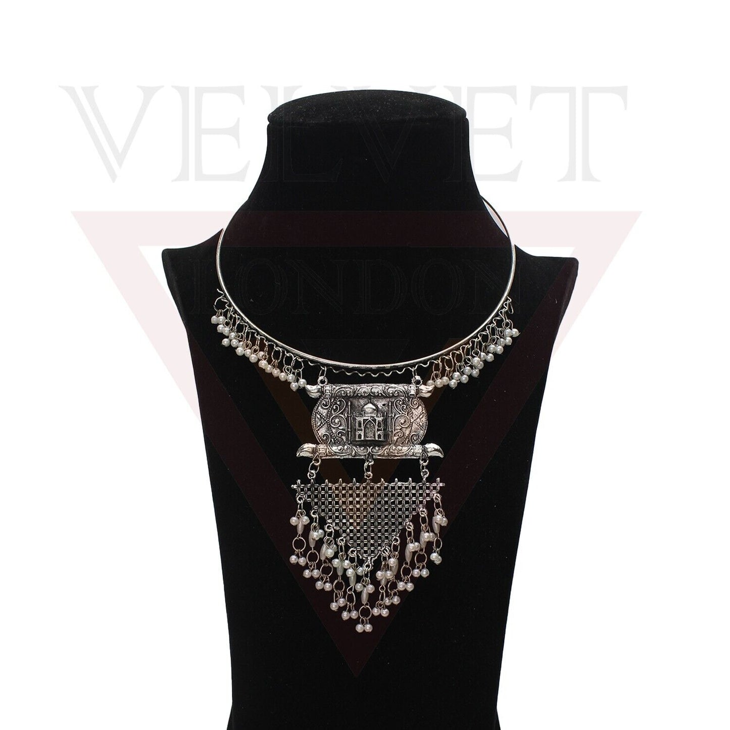 Antique Silver Oxidized Necklace Earrings Traditional Set Boho Hasli Choker