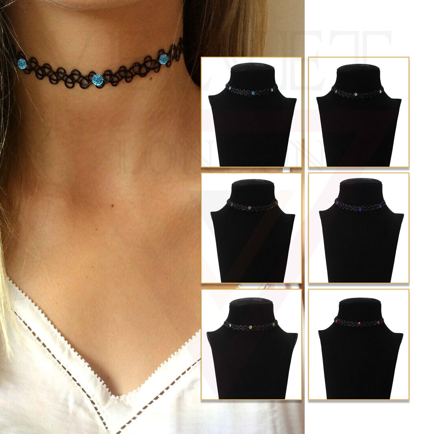 Retro Style Tattoo Necklace Diamond Black Stretch Elastic Choker Classic Stretch