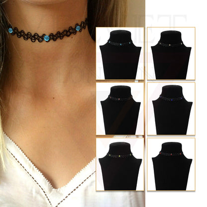 Retro Style Tattoo Necklace Diamond Black Stretch Elastic Choker Classic Stretch