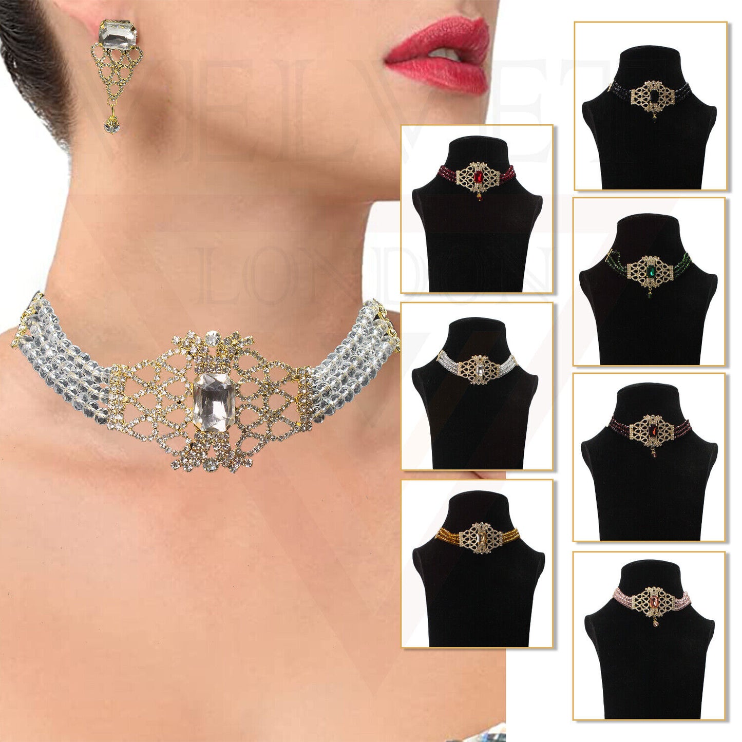Necklace Earrings Set Crystal Pearl Choker Traditional Beads Girls Jewellery Set