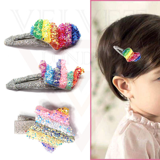 Hair Clips 2x Heart Star Queen Shape Rainbow Children Glitter Hairpin Baby Girls