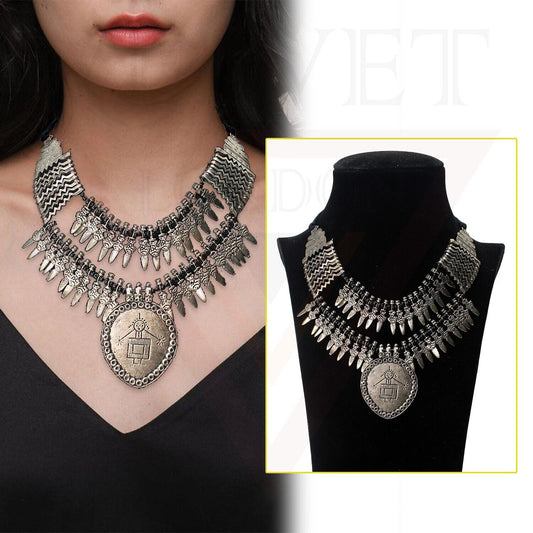 Oxidized Necklace Silver Antique German Traditional Boho Multi-Layer Choker