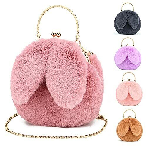 Purse Shoulder Bag Fur Rabbit Ear Long Gold Metal Chain Clutch Plush Side Bag